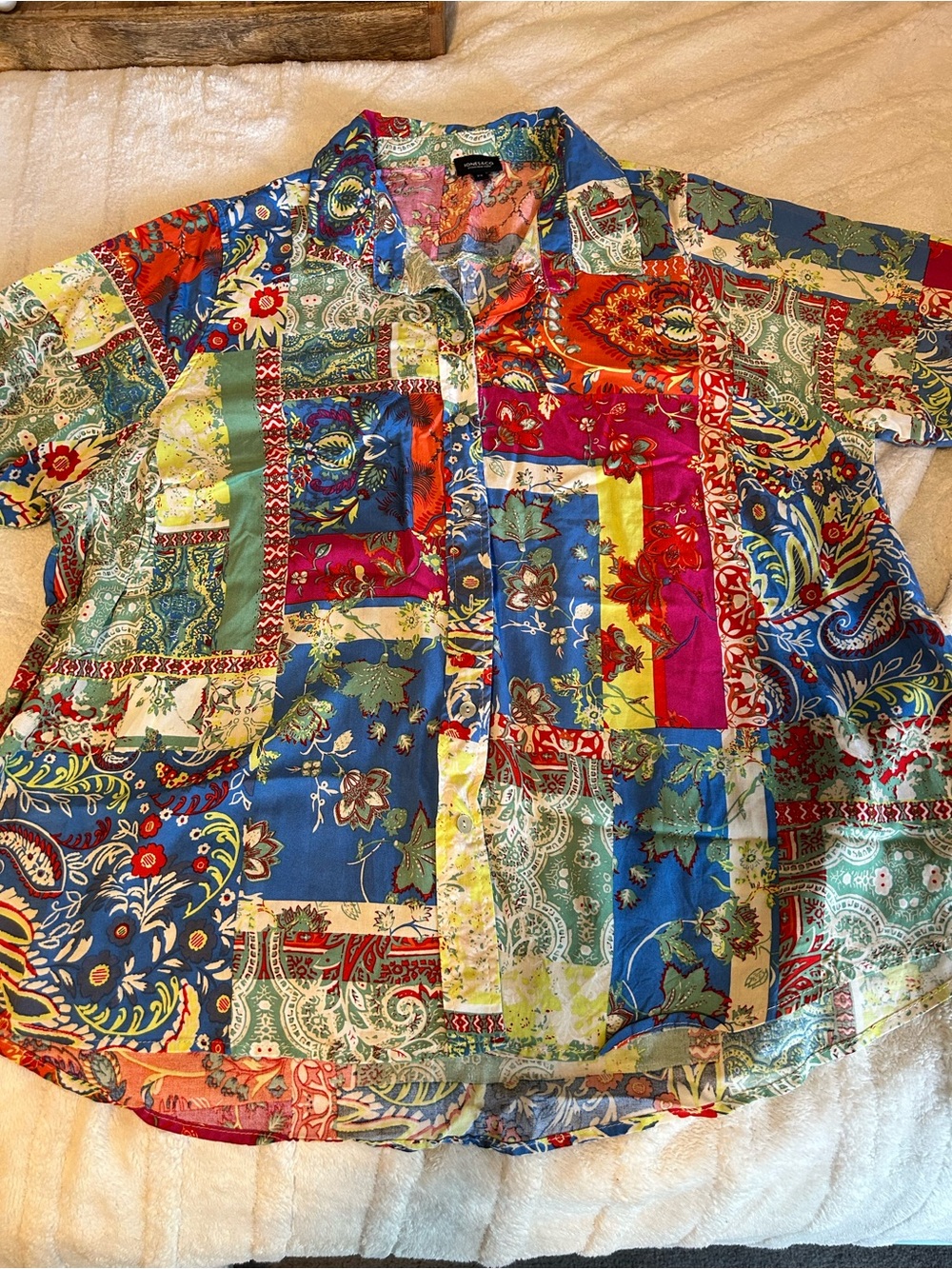 Colorful patchwork 3/4 sleeve button-down top - Picture 2 of 6